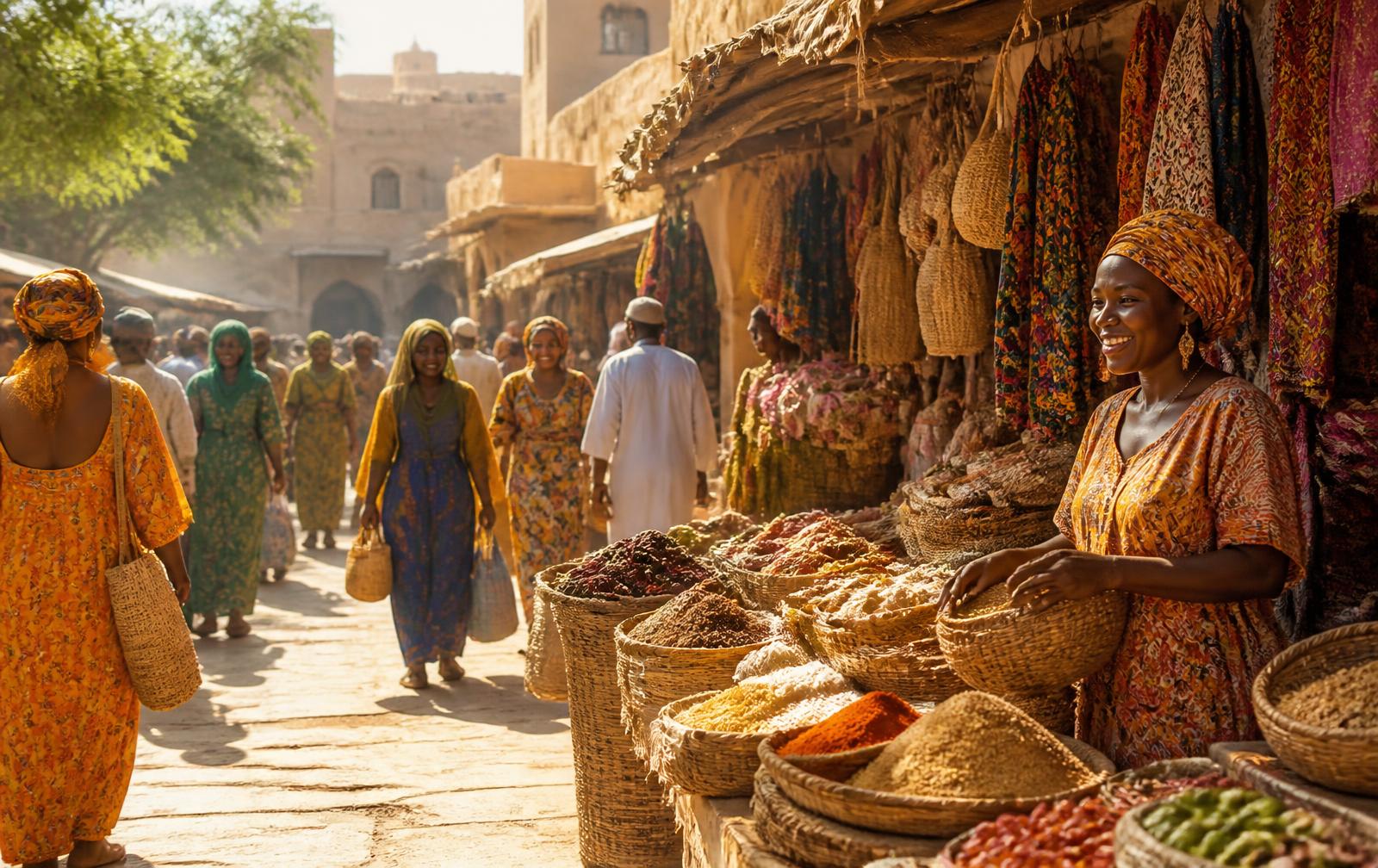 Marché africain ensoleillé, marchands et clients dans une ambiance chaleureuse